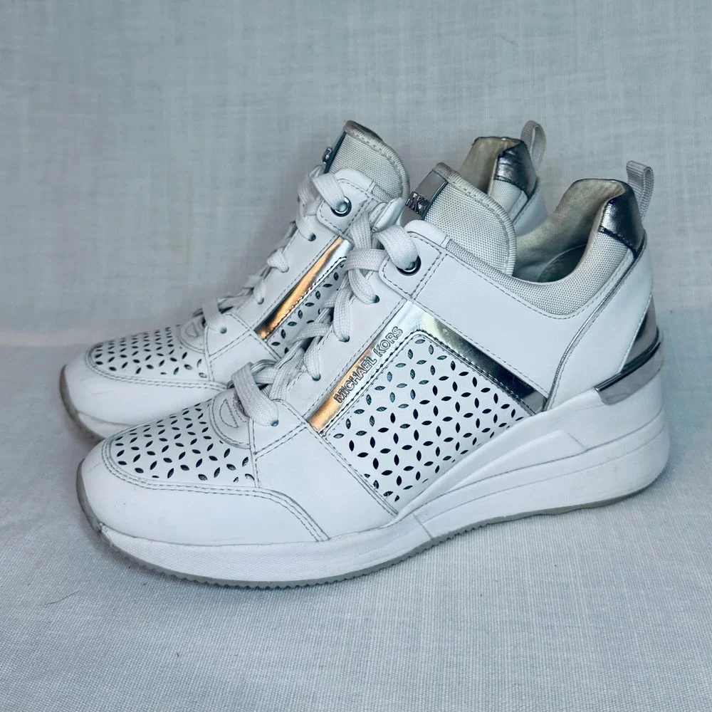 Michael Kors Georgie White Silver Laser Cut Wedge Sneakers Fashion Trainers